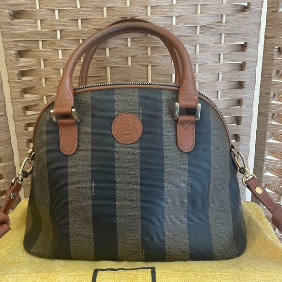 Pre-loved Vintage Fendi Pequin Brown Striped Coated Canvas Top-Handle Dome Bag - Picture 1 of 16